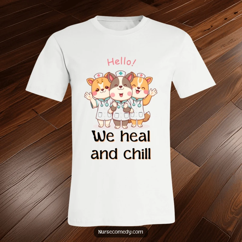 Funny animal nurse characters in a group, happily waving hello in a cute and charming design on a t-shirt.