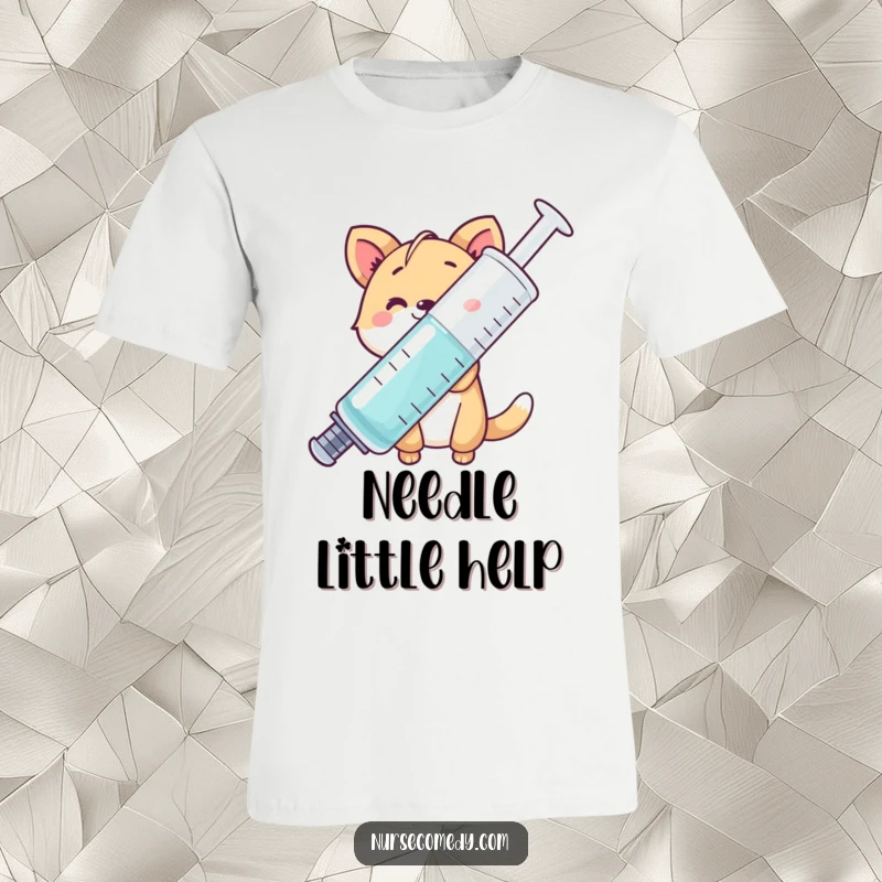 Funny animal character peeking from behind a giant syringe, smiling broadly, hilarious and unique apparel.