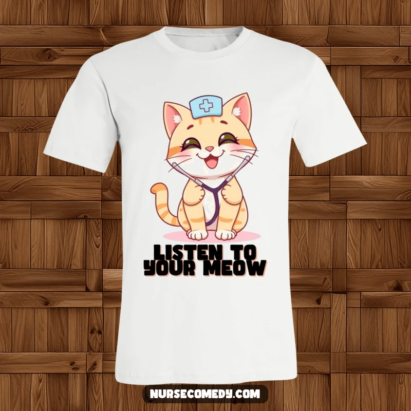 Funny cat nurse t-shirt with a smiling kitty wearing a stethoscope, bouncing playfully, celebrating the fun side of healing.