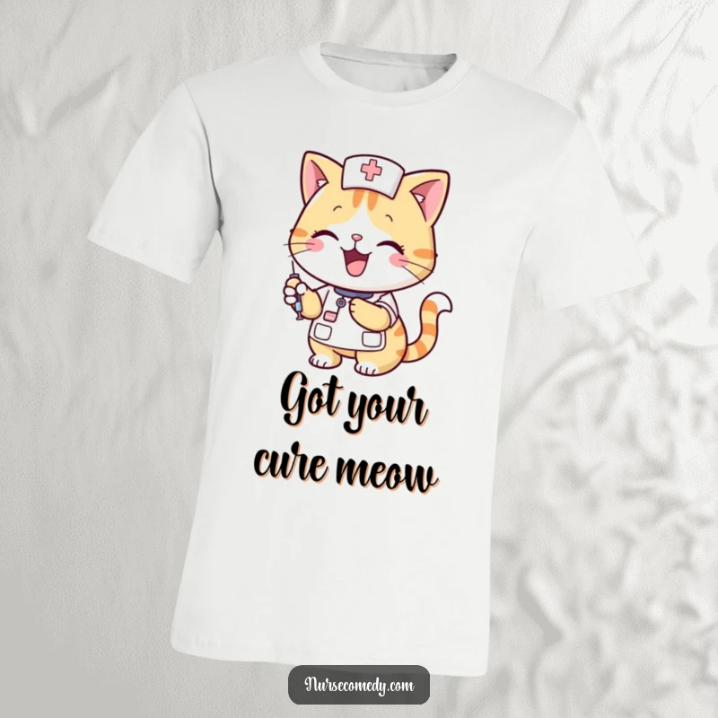 A happy cat dressed as a nurse, smiling and holding a syringe, printed on a t-shirt, a humorous and thoughtful funny gift.