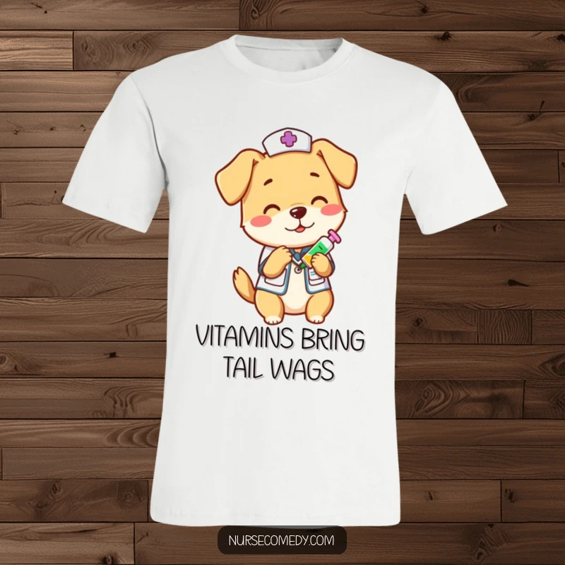 A playful dog dressed as a nurse, administering a vitamin shot, printed on a t-shirt, a humorous and energetic funny gift.