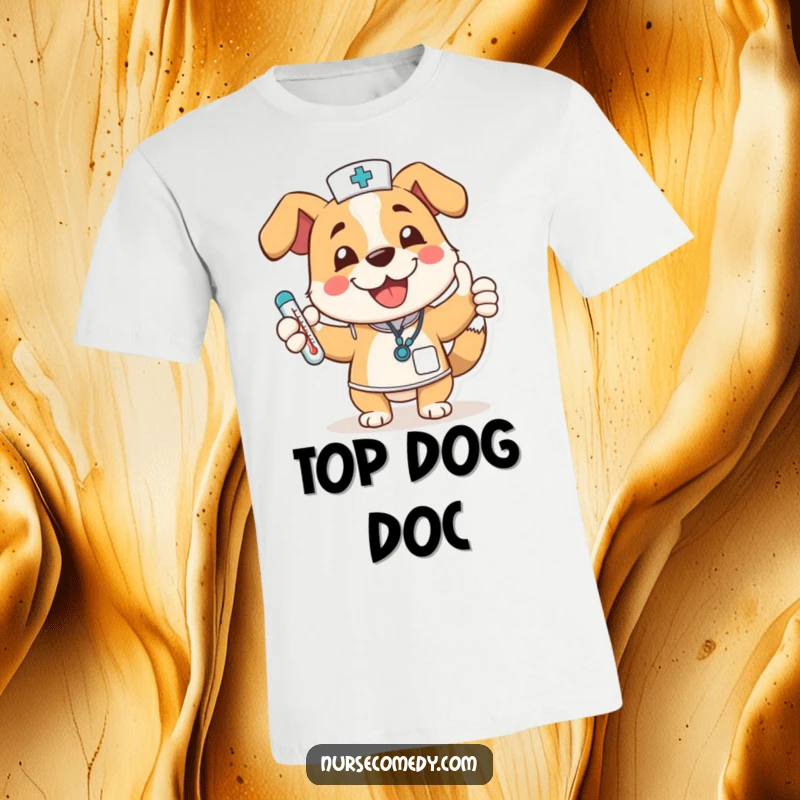 Funny dog nurse character in a t-shirt, wagging tail, thumbs up, holding a thermometer, a cheerful and encouraging nurse apparel item.