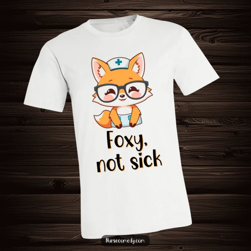 Funny fox nurse t-shirt design featuring a smiling fox peeking over large glasses, perfect for healthcare workers and animal lovers.