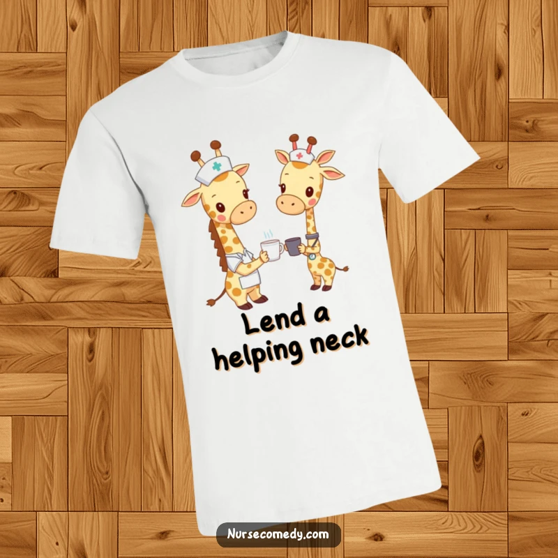 Funny giraffe nurse t-shirt, a friendly giraffe in uniform offering a tiny cup, conveying gentle care and a touch of humor.