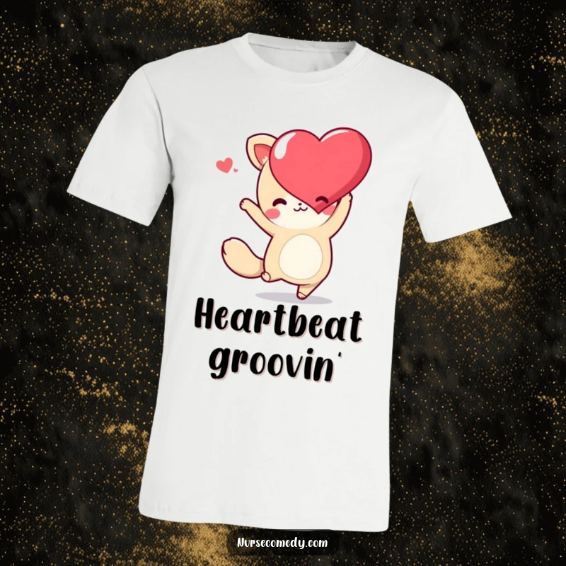 Funny Kawaii Animal T-Shirt showing a cute character in a gleeful dance pose with a heart, full of life and fun.