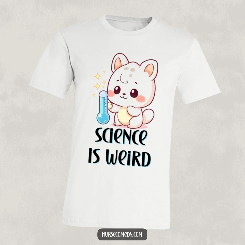 Funny t-shirt featuring a curious kawaii animal character intently examining a sparkling thermometer, a humorous and adorable statement.