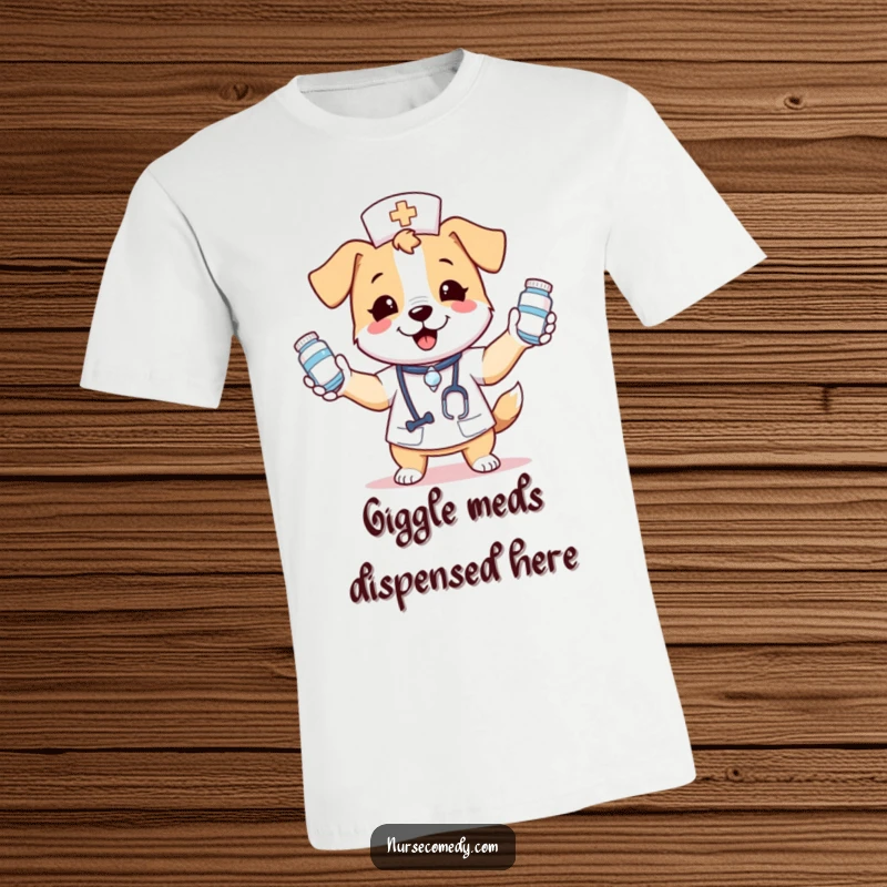 Funny t-shirt depicting a cute kawaii dog nurse in scrubs, hilariously juggling many medicine bottles with pure glee and a happy wagging tail.