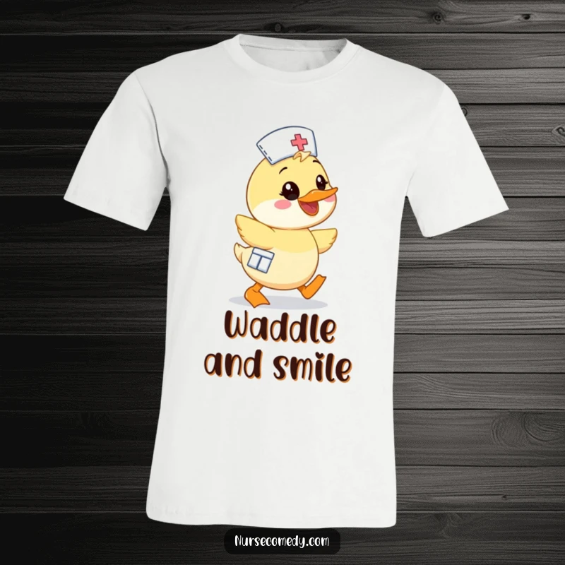 Funny Kawaii Duck Nurse T-Shirt, cute cartoon duck waddling enthusiastically with a big smile, conveying joy and positivity.