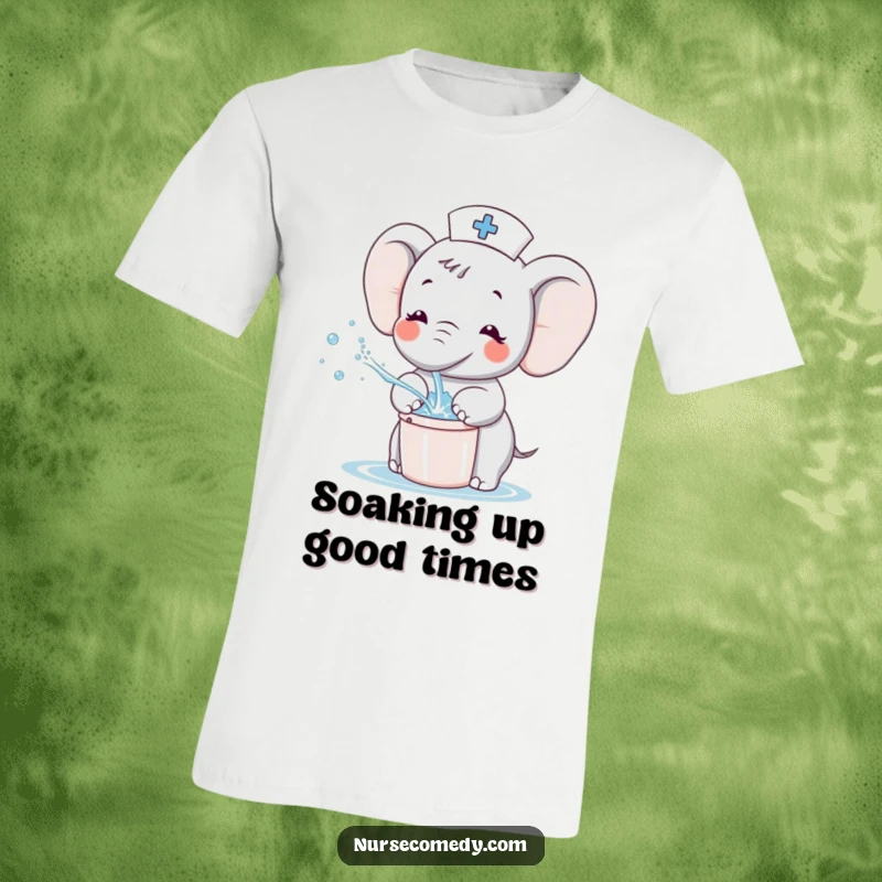 Funny Kawaii Elephant Nurse T-Shirt, cute cartoon elephant joyfully splashing water with a bucket, conveying happiness and warmth.