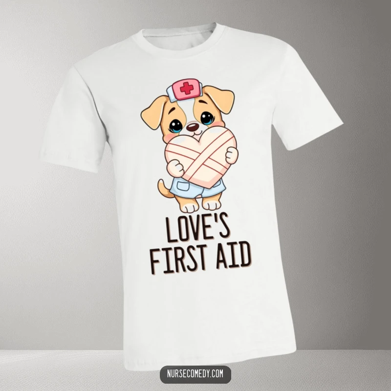 Funny Kawaii Puppy Nurse T-Shirt: A charming cartoon puppy in nurse attire happily presents a bandaged heart, symbolizing care and affection.