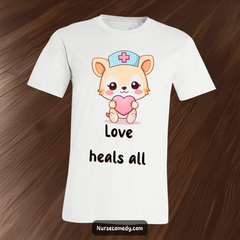 Funny Nurse Animal T-Shirt: An animal character in nurse attire carries a heart-shaped bandage, symbolizing love and healing.
