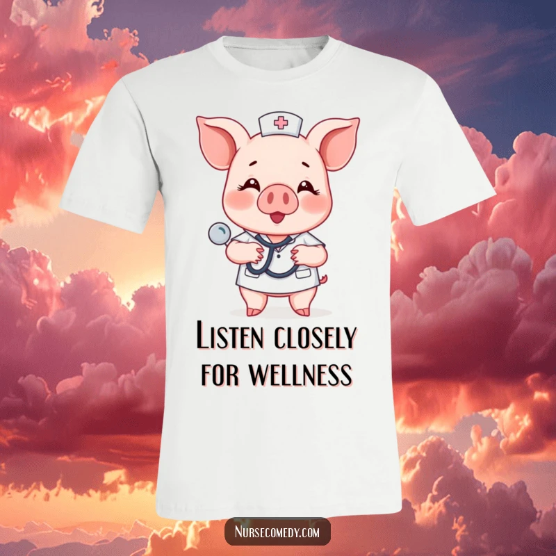 A funny piglet nurse character joyfully listens to a heartbeat with a stethoscope on a t-shirt.