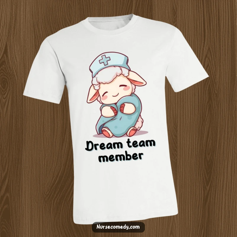 Funny sheep nurse character in a t-shirt, wearing nightcap, holding blanket, promoting sleep and comfort, a cute nurse apparel item.