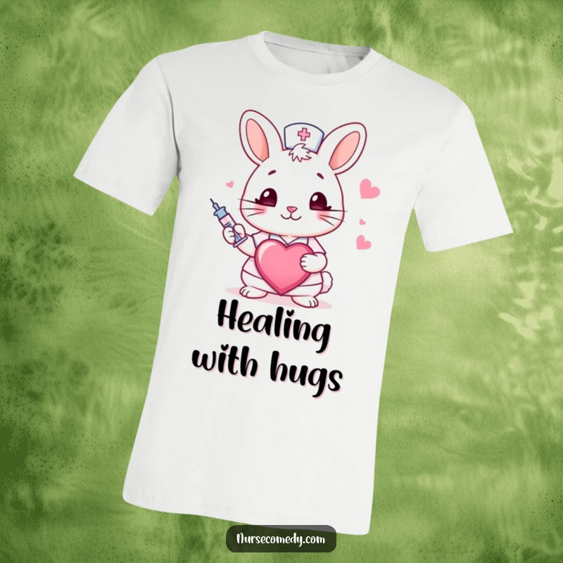 Funny rabbit nurse t-shirt with a cute bunny winking, holding a syringe and heart, offering a humorous and sweet tribute to medical professionals.