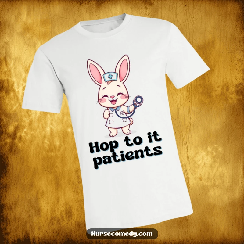 Funny Kawaii Bunny Nurse T-Shirt: A cheerful bunny nurse merrily bounces a stethoscope, embodying dedication and lighthearted medical humor.