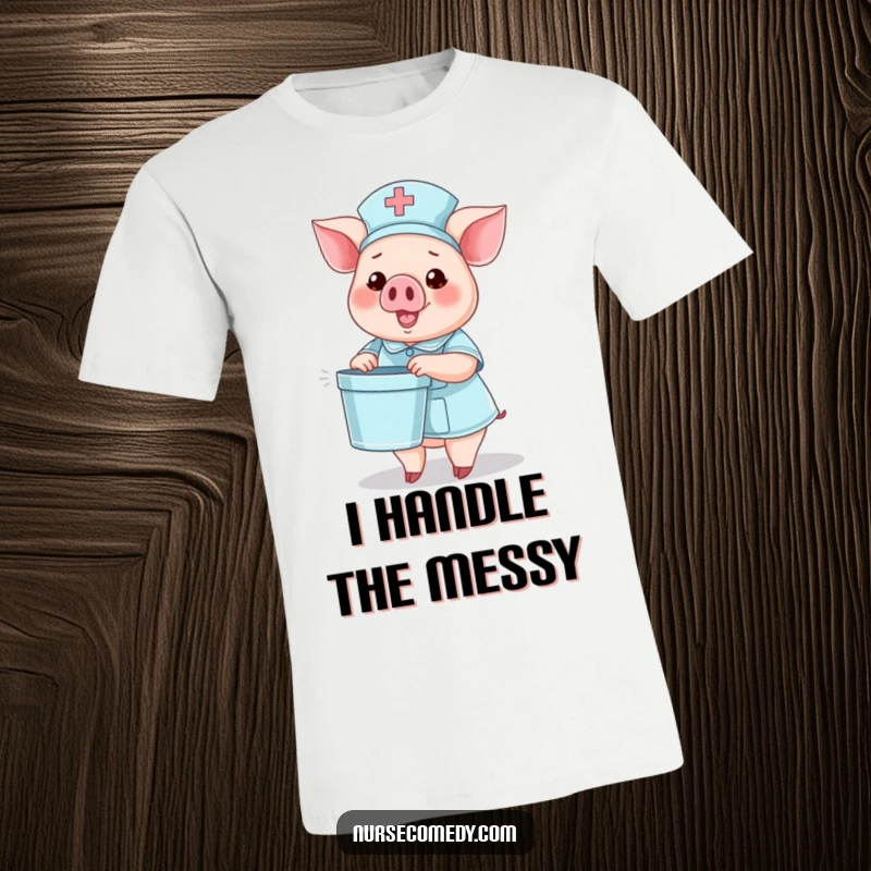 Funny t-shirt with a pig nurse character holding a tiny bedpan and waving, exuding cheerfulness.