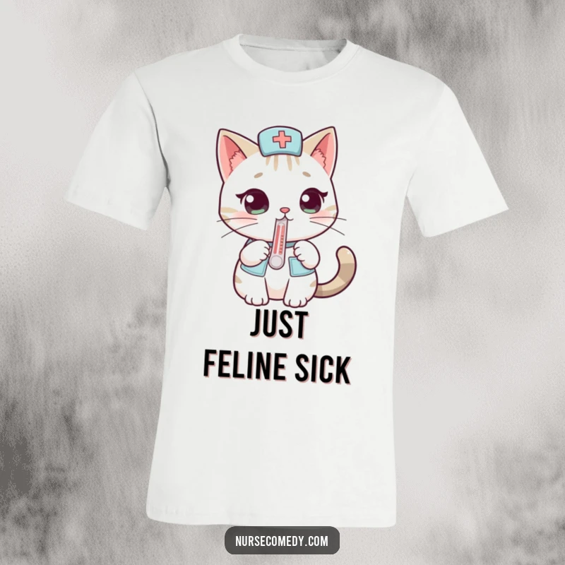 Funny cat nurse t-shirt design featuring a curious feline with a thermometer, ideal for animal lovers and humor enthusiasts.