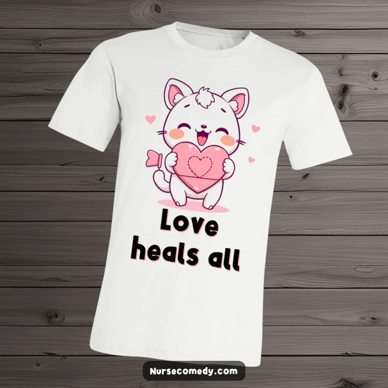 Kawaii t-shirt depicting a cute animal character rolling a heart bandage, embodying care, comfort, and the act of mending with love.