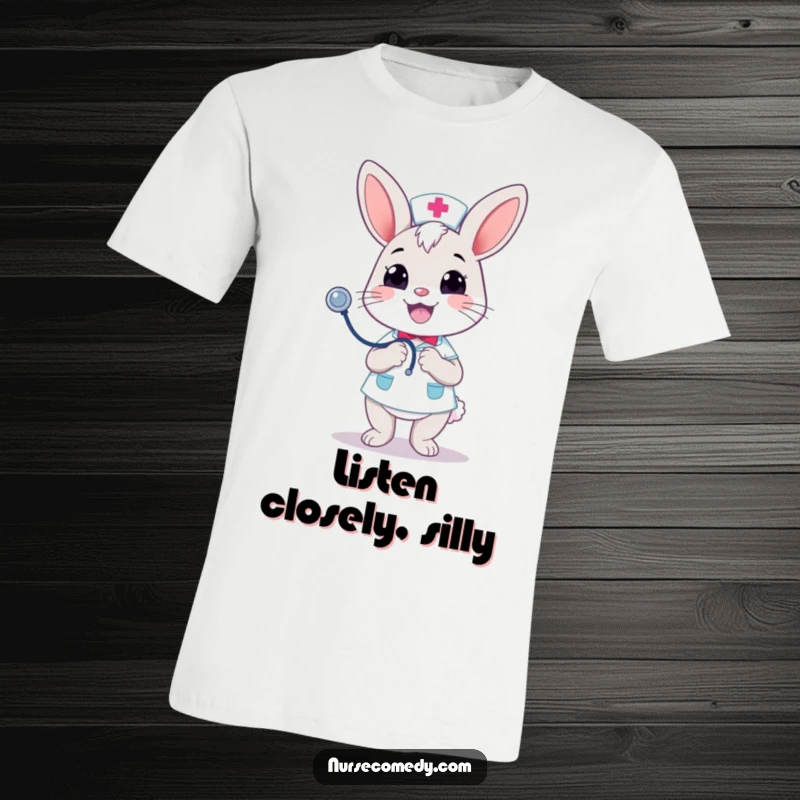Funny Kawaii Bunny Nurse T-Shirt: Merrily bouncing a stethoscope with a cheerful grin, radiating comfort and care. A great funny gift.