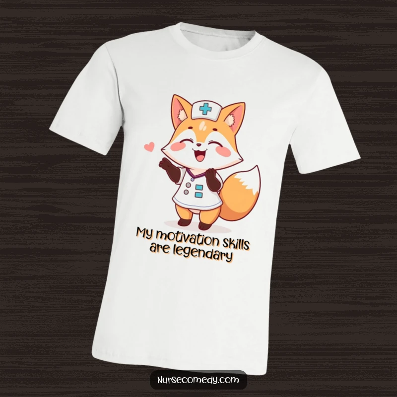 Funny Fox Nurse T-Shirt: Excited animal doctor delivering a sweet pat on the back, radiating joy and humor.