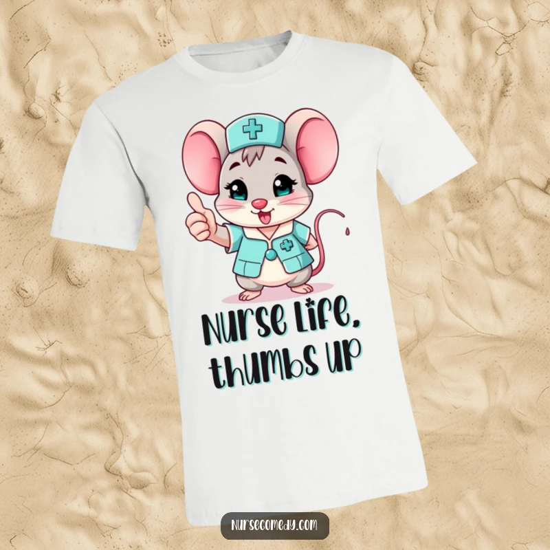 Funny mouse nurse T-shirt design showing a cute character giving a big enthusiastic thumbs up, a great gift.