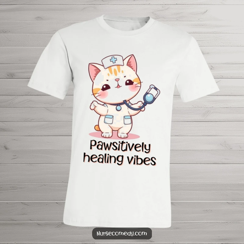 Funny kawaii cat nurse t-shirt energetically bouncing a stethoscope like a toy, showing a fun-loving personality.