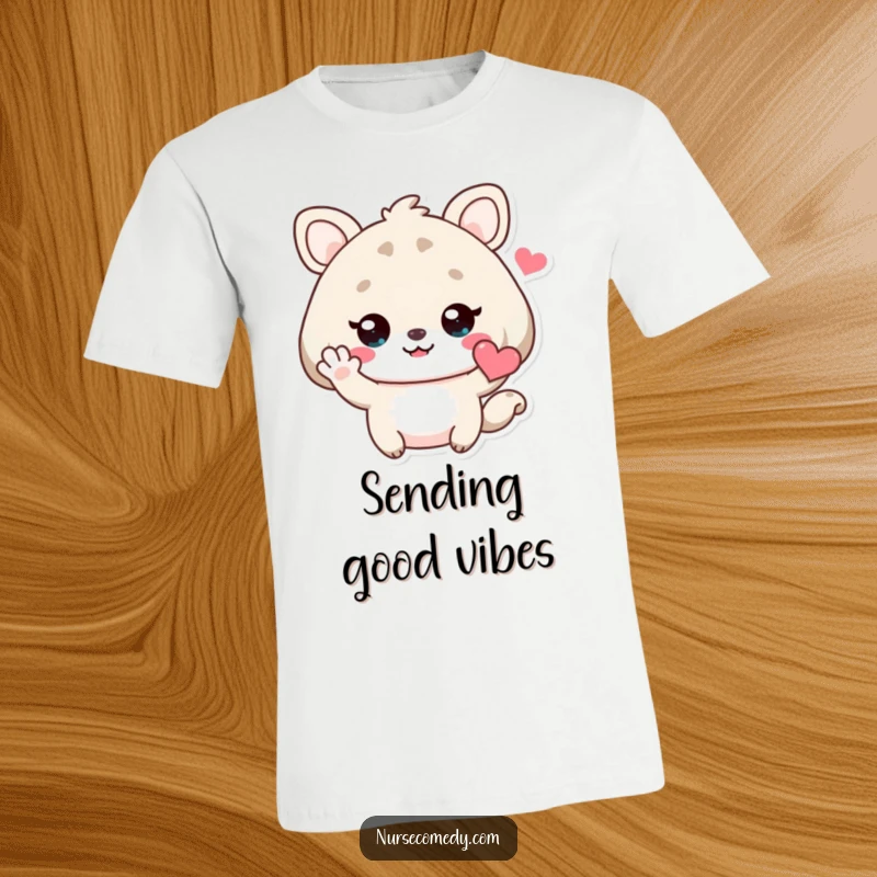 Funny Kawaii Animal T-Shirt showing a cute character giving a warm wave while holding a heart, exuding friendliness.