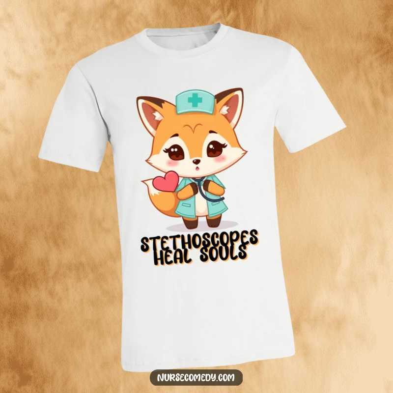 Funny Fox Nurse T-Shirt featuring a curious fox with a stethoscope listening to a heart, a great gift for nurses.