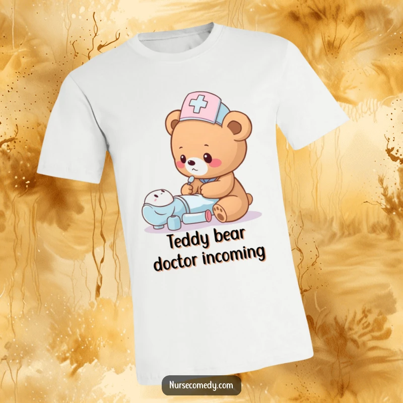 A funny and adorable bear cub dressed as a nurse carefully examines a stuffed toy patient.