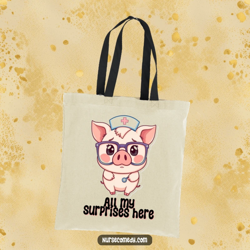 Funny tote bag illustration of a kawaii pig nurse with a surprised expression, her vision obscured by comically large, round glasses.