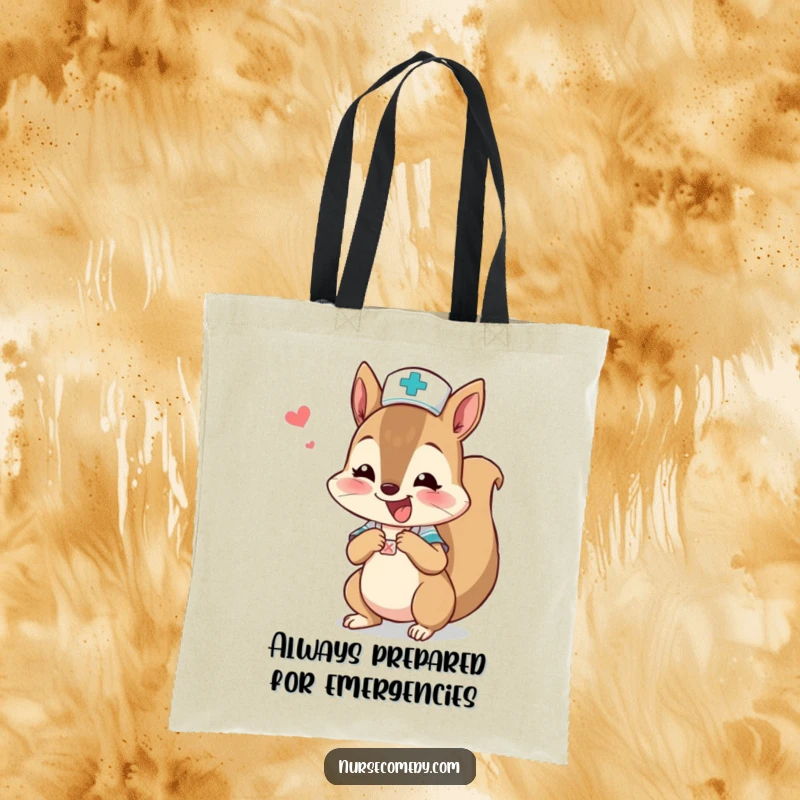 Funny squirrel nurse character placing a bandage on a tiny boo-boo, a humorous tote bag design.