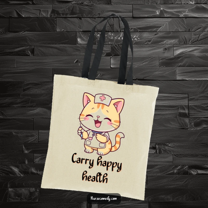 Funny smiling cat nurse holding a syringe, depicted on a sturdy tote bag, a humorous and practical funny gift for healthcare workers.