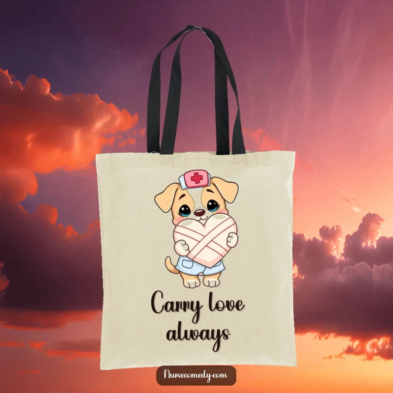 Funny Kawaii Puppy Nurse Tote Bag: A cheerful puppy nurse character is depicted holding a bandaged heart, ready to assist and bring smiles.