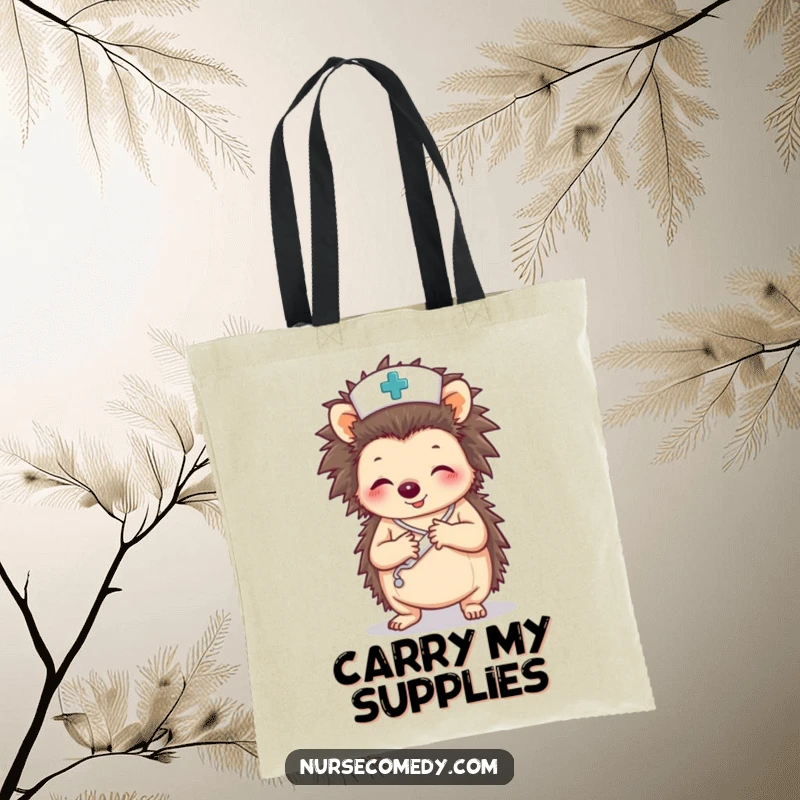 Funny tote bag with a hedgehog nurse character bandaging a paw, a practical and humorous accessory.