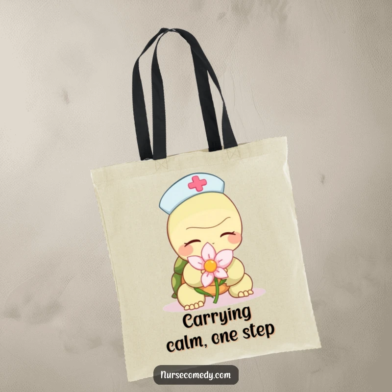 Funny turtle nurse tote bag with a character slowly offering a calming flower, great for carrying items with a humorous and caring touch.