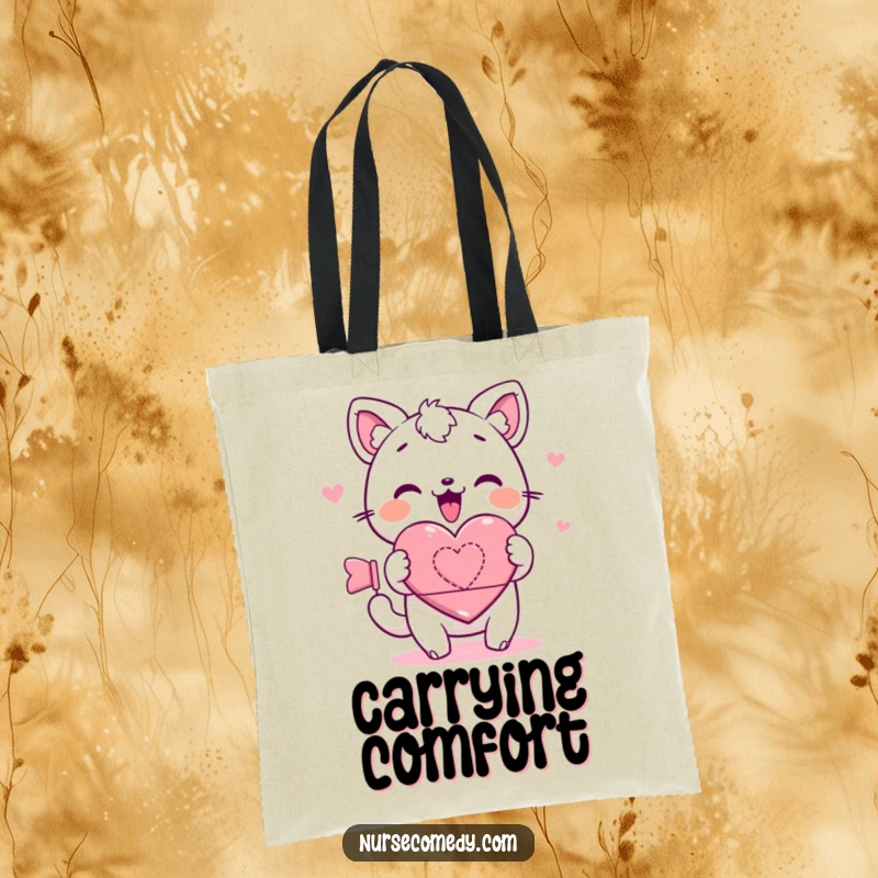 Kawaii tote bag showing a cute animal character rolling a heart bandage, perfect for carrying essentials with a message of care and tenderness.