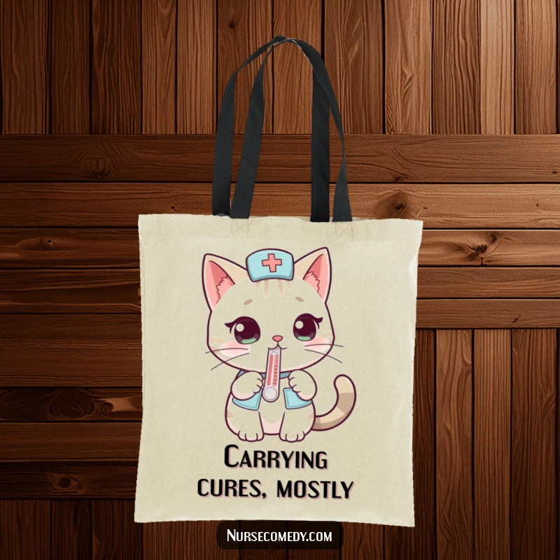 Funny cat nurse tote bag illustrated with a curious cat holding a thermometer, great for shopping and as a funny gift.