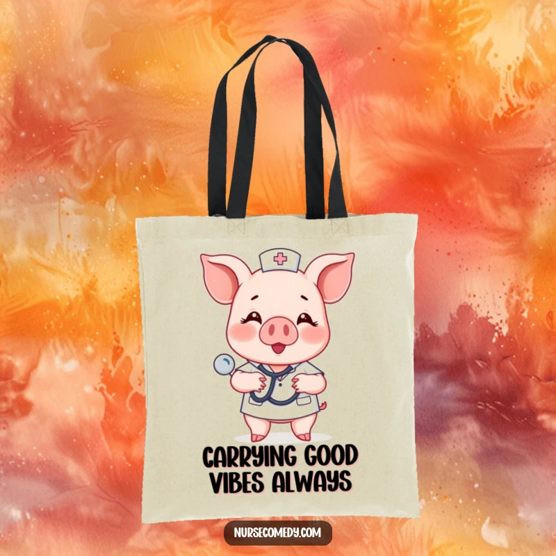 Funny piglet nurse character using a stethoscope on a chest, a humorous and sweet tote bag.