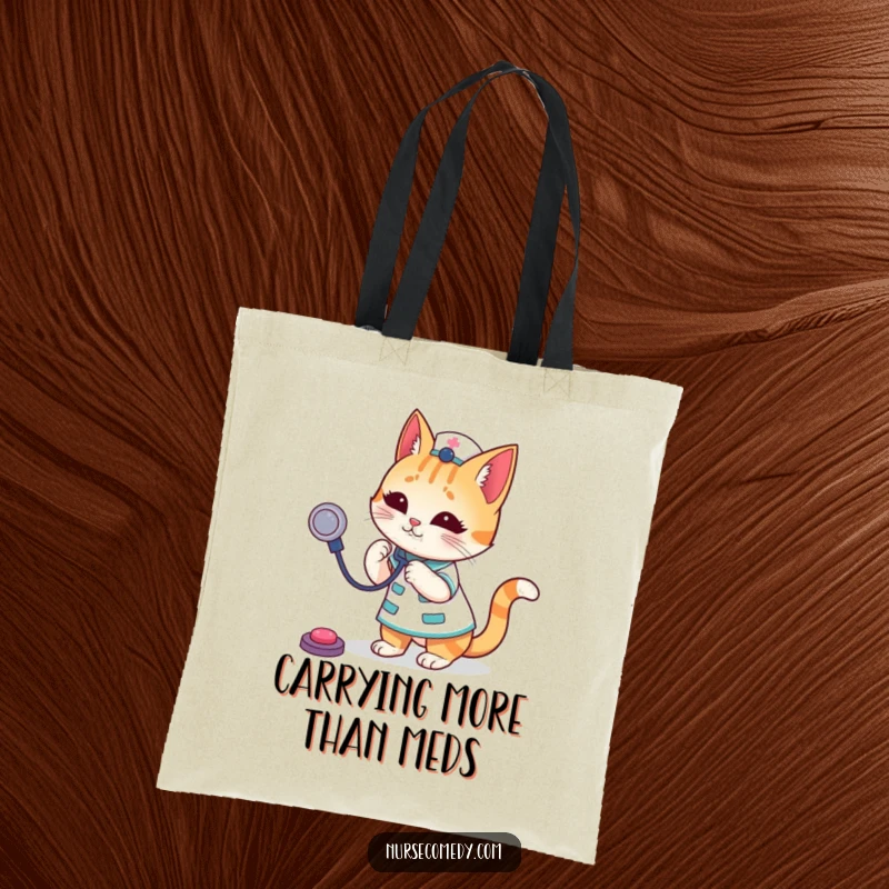 Funny Cat Nurse Tote Bag featuring a whimsical cat doctor character playfully bouncing a stethoscope, ideal for carrying essentials with humor.