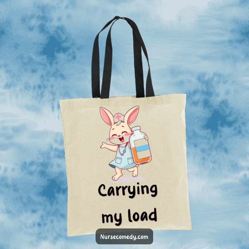 Funny bunny nurse tote bag, a jumping character comically giggling with a large medicine bottle, handy funny gift.