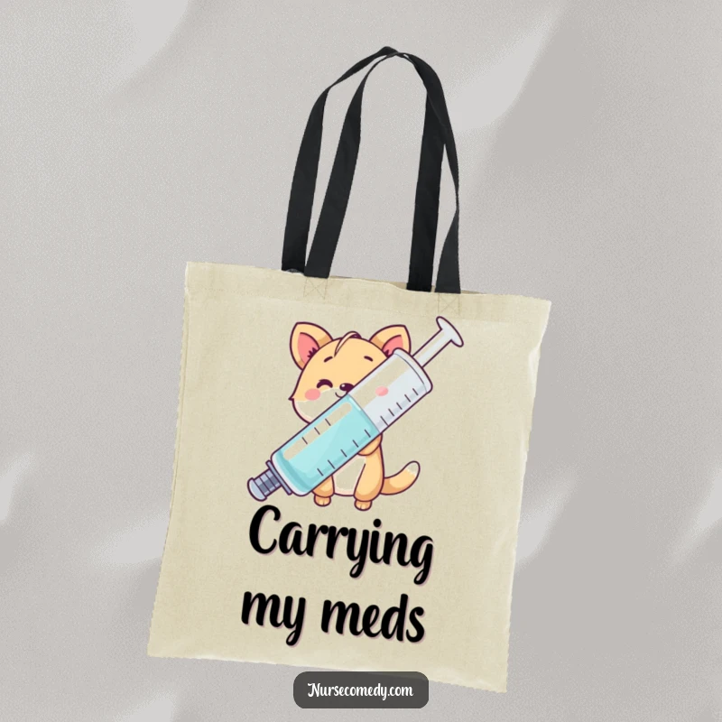 Funny animal character peeking behind a giant syringe, durable tote bag, great for shopping and humor.