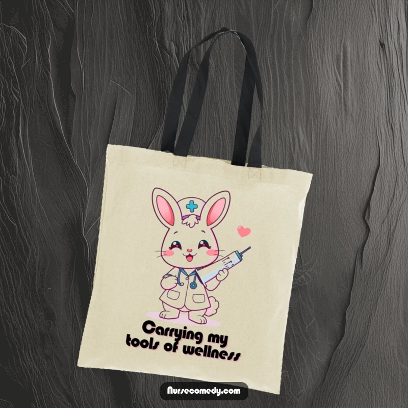 Funny kawaii bunny nurse with a giant syringe creates a humorous and cute tote bag design.