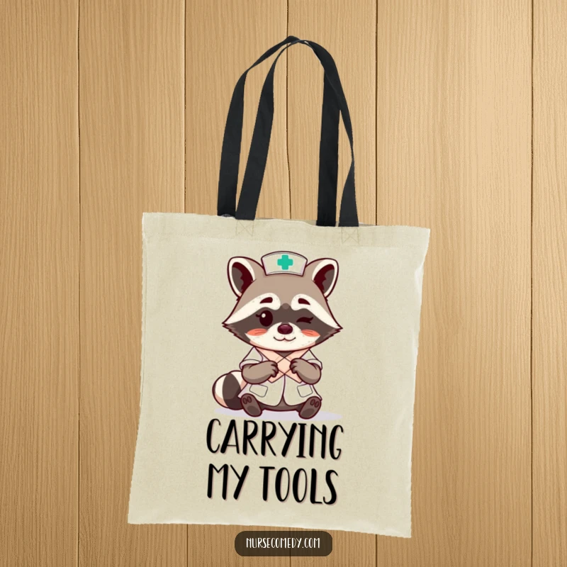 Funny raccoon nurse character expertly tying a bandage with a wink on a durable tote bag, great for daily use.