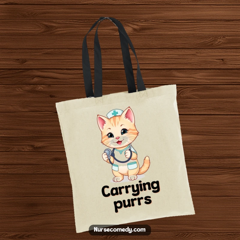 Funny Kitten Nurse Tote Bag: A charming kitten nurse holds a stethoscope, making this tote a symbol of adorable care and practicality.