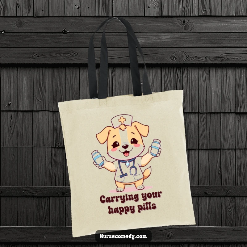 Funny tote bag with a kawaii dog nurse juggling various medicine bottles with a gleeful expression and a determined, playful spirit.
