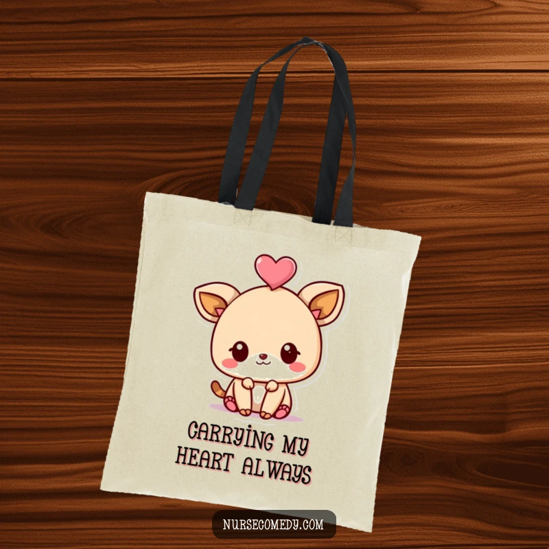 Funny Kawaii Animal Tote Bag with a cute character artfully balancing a heart on its head, ready for daily adventures.