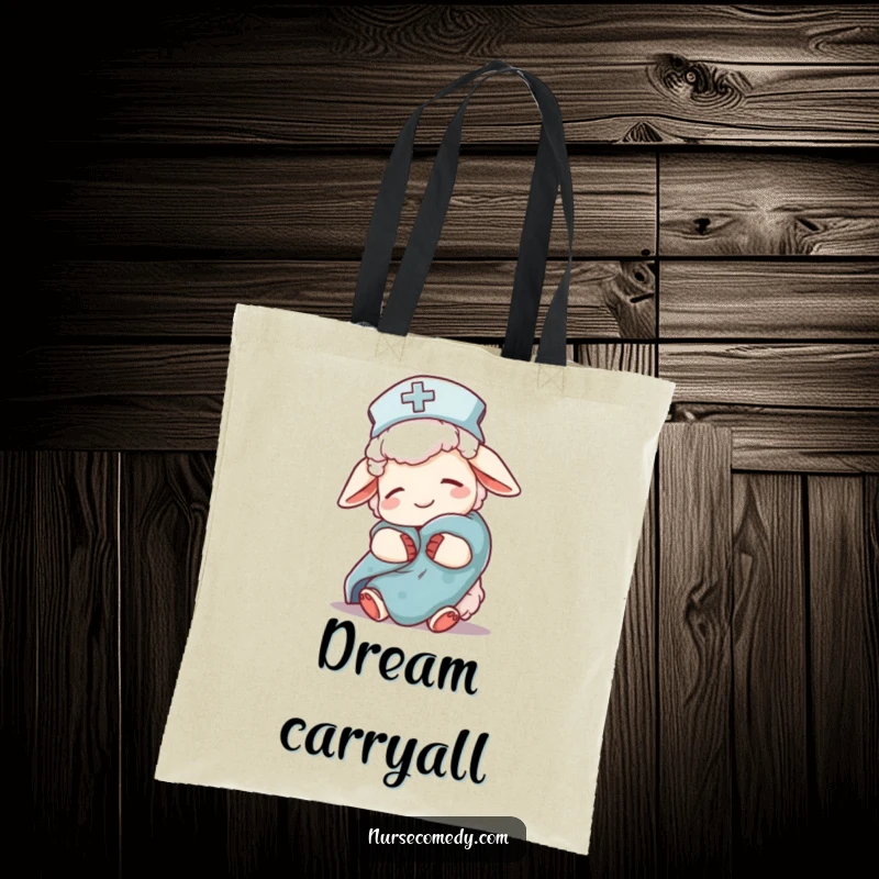 Funny sheep nurse character on a tote bag, nightcap, comfort blanket, a practical and charming accessory for carrying essentials.