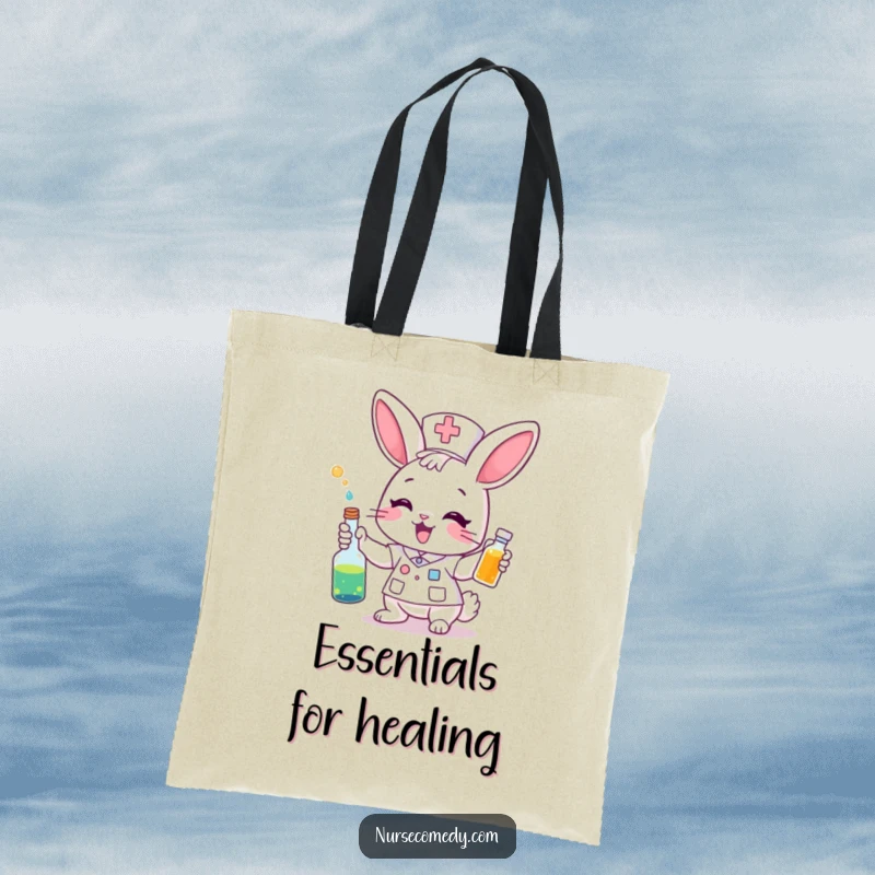 Funny Tote Bag: A bunny nurse excitedly administers a colorful potion. Practical and filled with magical humor.