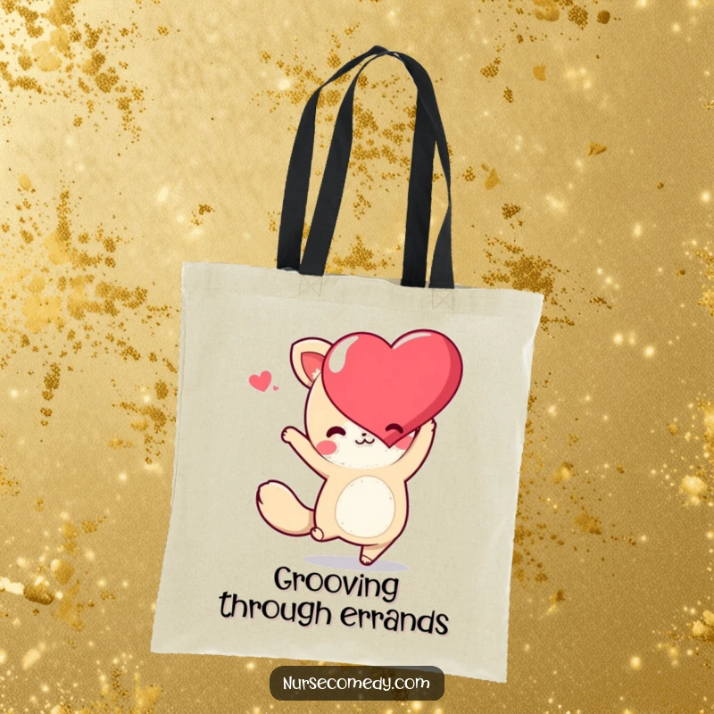 Funny Kawaii Animal Tote Bag depicting a cute character dancing with a heart, perfect for carrying your essentials with flair.