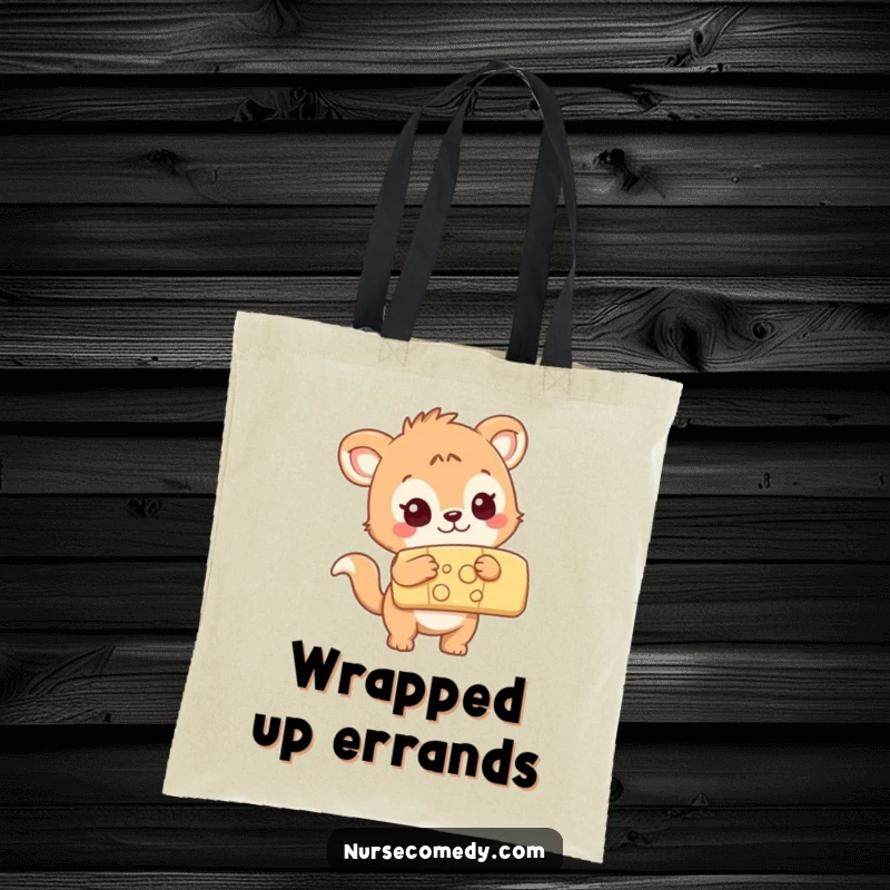 Funny curious animal character examining a large colorful bandage, durable tote bag, great for shopping trips.